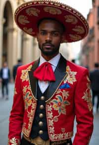 bold and cultural man in Mexico City wearing a traditional charro suit/china poblana, Frida Kahlo Museum in the background