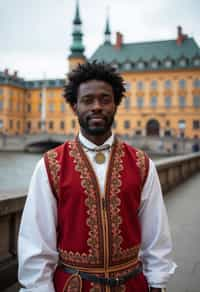 dignified and traditional man in Stockholm wearing a Swedish folkdräkt, Stockholm Palace in the background