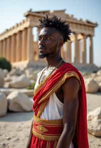 impressive and traditional man in Athens wearing a traditional Evzone uniform/Amalia dress, Parthenon in the background