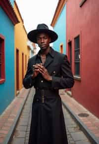 classy and traditional man in Buenos Aires wearing a tango dress/gaucho attire, colorful houses of La Boca neighborhood in the background