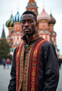 authentic and cultural man in Moscow wearing a traditional sarafan/kosovorotka, Saint Basil's Cathedral in the background