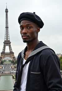 polished and traditional man in Paris wearing a traditional Breton shirt and beret, Eiffel Tower in the background