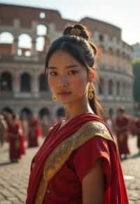 stunning and historical  woman in Rome wearing a traditional Roman stola/toga, Colosseum in the background