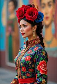 colorful and cultural  woman in Mexico City wearing a traditional charro suit/china poblana, Frida Kahlo Museum in the background