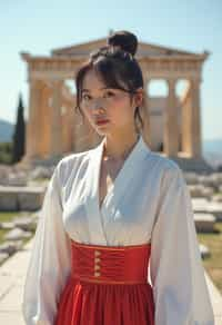 graceful and striking  woman in Athens wearing a traditional Evzone uniform/Amalia dress, Parthenon in the background