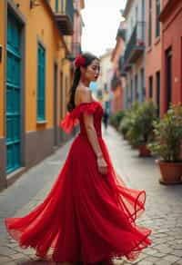 exquisite and traditional  woman in Buenos Aires wearing a tango dress/gaucho attire, colorful houses of La Boca neighborhood in the background