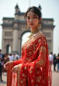 glamorous and traditional  woman in Mumbai wearing a vibrant Saree Sherwani, Gateway of India in the background