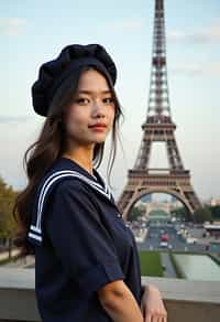 stylish and sophisticated  woman in Paris wearing a traditional Breton shirt and beret, Eiffel Tower in the background