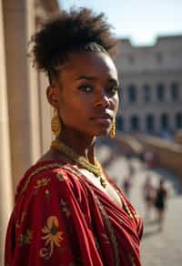 stunning and historical  woman in Rome wearing a traditional Roman stola/toga, Colosseum in the background