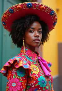 colorful and cultural  woman in Mexico City wearing a traditional charro suit/china poblana, Frida Kahlo Museum in the background