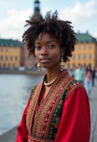 traditional  woman in Stockholm wearing a Swedish folkdräkt, Stockholm Palace in the background