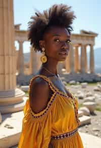 graceful and striking  woman in Athens wearing a traditional Evzone uniform/Amalia dress, Parthenon in the background