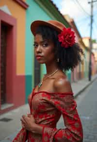 exquisite and traditional  woman in Buenos Aires wearing a tango dress/gaucho attire, colorful houses of La Boca neighborhood in the background