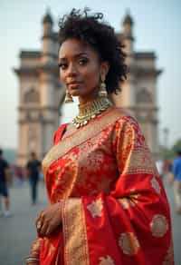 glamorous and traditional  woman in Mumbai wearing a vibrant Saree Sherwani, Gateway of India in the background