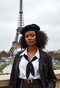 stylish and sophisticated  woman in Paris wearing a traditional Breton shirt and beret, Eiffel Tower in the background