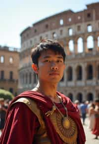 grand and historical man in Rome wearing a traditional Roman stola/toga, Colosseum in the background