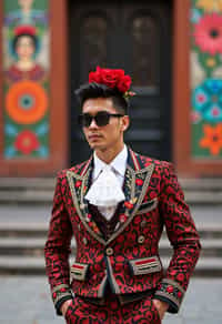 bold and cultural man in Mexico City wearing a traditional charro suit/china poblana, Frida Kahlo Museum in the background