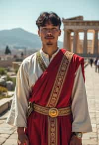 impressive and traditional man in Athens wearing a traditional Evzone uniform/Amalia dress, Parthenon in the background