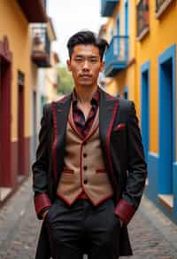 classy and traditional man in Buenos Aires wearing a tango dress/gaucho attire, colorful houses of La Boca neighborhood in the background