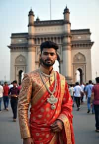 classic and traditional man in Mumbai wearing a vibrant Saree Sherwani, Gateway of India in the background