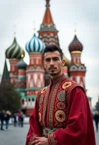 authentic and cultural man in Moscow wearing a traditional sarafan/kosovorotka, Saint Basil's Cathedral in the background