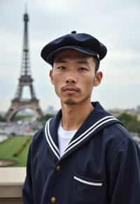 polished and traditional man in Paris wearing a traditional Breton shirt and beret, Eiffel Tower in the background