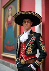 bold and cultural man in Mexico City wearing a traditional charro suit/china poblana, Frida Kahlo Museum in the background