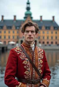 dignified and traditional man in Stockholm wearing a Swedish folkdräkt, Stockholm Palace in the background