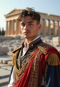 impressive and traditional man in Athens wearing a traditional Evzone uniform/Amalia dress, Parthenon in the background