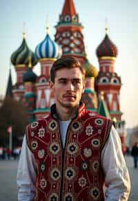 authentic and cultural man in Moscow wearing a traditional sarafan/kosovorotka, Saint Basil's Cathedral in the background