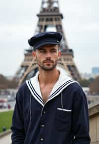 polished and traditional man in Paris wearing a traditional Breton shirt and beret, Eiffel Tower in the background