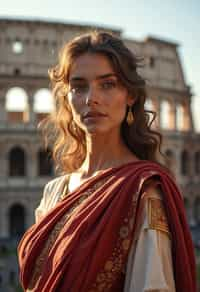 stunning and historical  woman in Rome wearing a traditional Roman stola/toga, Colosseum in the background