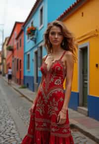 exquisite and traditional  woman in Buenos Aires wearing a tango dress/gaucho attire, colorful houses of La Boca neighborhood in the background