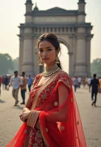 glamorous and traditional  woman in Mumbai wearing a vibrant Saree Sherwani, Gateway of India in the background