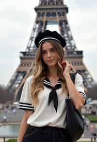 stylish and sophisticated  woman in Paris wearing a traditional Breton shirt and beret, Eiffel Tower in the background