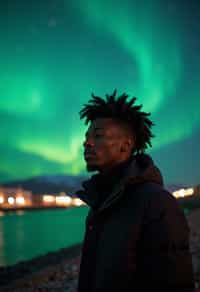 man in Reykjavik with the Northern Lights in the background