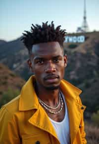 man in Los Angeles with the Hollywood sign in the background