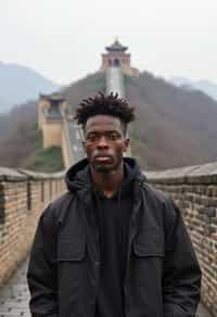 man in Beijing with the Great Wall in the background