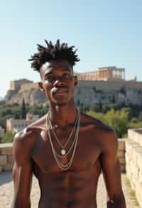 man in Athens with the Acropolis in the background