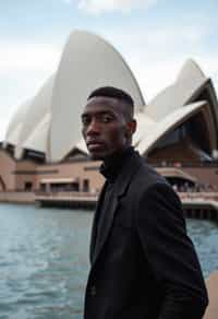 man in Sydney with the Sydney Opera House in the background