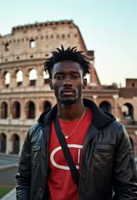 man in Rome with the Colosseum in the background