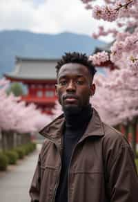 man in Japan with Japanese Cherry Blossom Trees and Japanese temples in background