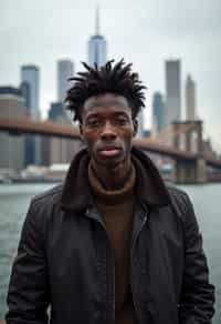 man in New York City with Manhattan in background