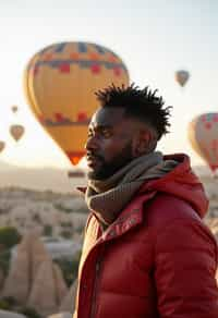 Breathtakingly man with hot air balloons in the background in cappadocia, Türkiye. Cappadocia, Turkey