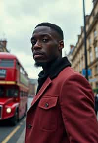 man in London with Double Decker Bus in background