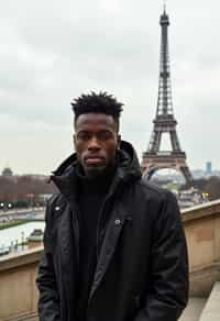 man in Paris with the Eiffel Tower in background