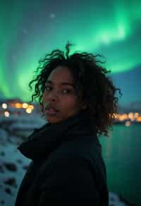 woman in Reykjavik with the Northern Lights in the background