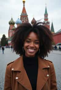 woman in Moscow with the Kremlin in the background