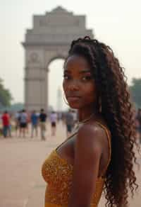 woman in Delhi with the India Gate in the background