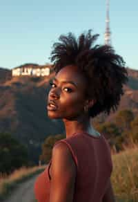 woman in Los Angeles with the Hollywood sign in the background